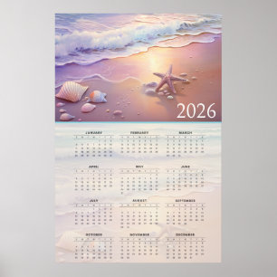 Poster Calendrier de la côte pastel 2026 avec coquillages