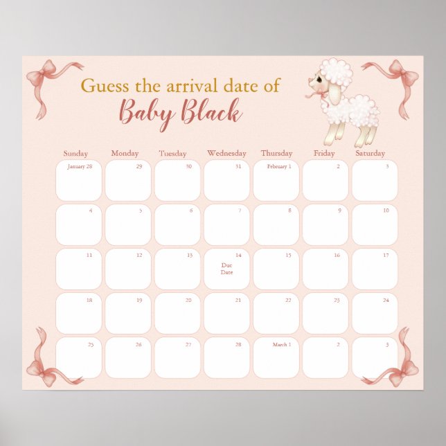 Poster Calendrier de la date d'échéance du Baby shower d' (Devant)