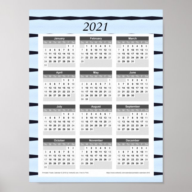 Poster Calendrier de l'année 2021 : Bleu avec lignes noir (Devant)