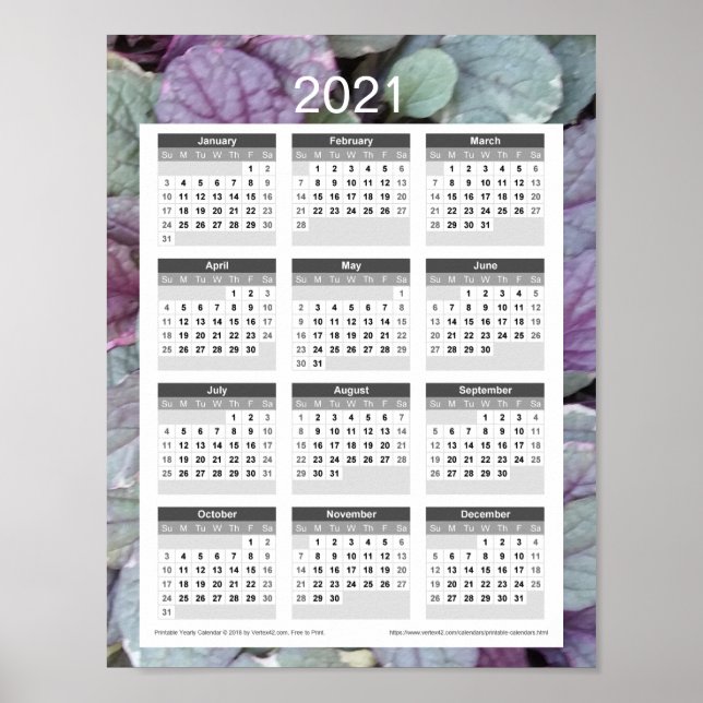 Poster Calendrier de l'année 2021 - Feuilles violets (Devant)