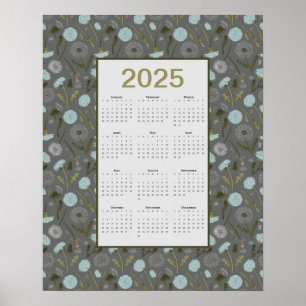 Poster Calendrier de l'année 2025 Dandelion gris bleu
