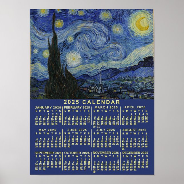 Poster Calendrier de l'année 2025 Nuit étoilée ou Ajoutez (Devant)