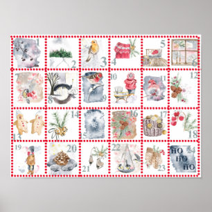 Poster Calendrier de l'Avent avec 24 Images Aquarelles Di