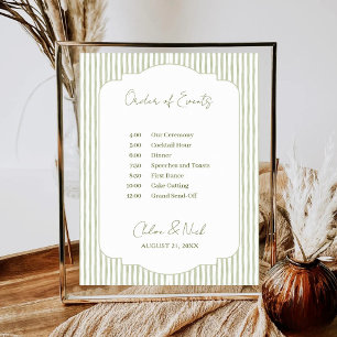 Poster Calendrier de mariage rayé vert ordre des événemen