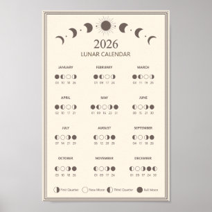 Poster Calendrier de phase lunaire 2026 Cycles lunaires M