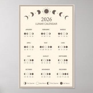 Poster Calendrier de phase lunaire 2026 Cycles lunaires M