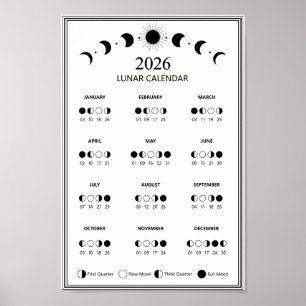 Poster Calendrier de phase lunaire 2026 Cycles lunaires M