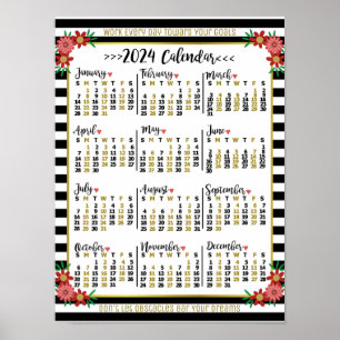 Poster Calendrier des années 2024 Grandes fleurs   Texte 