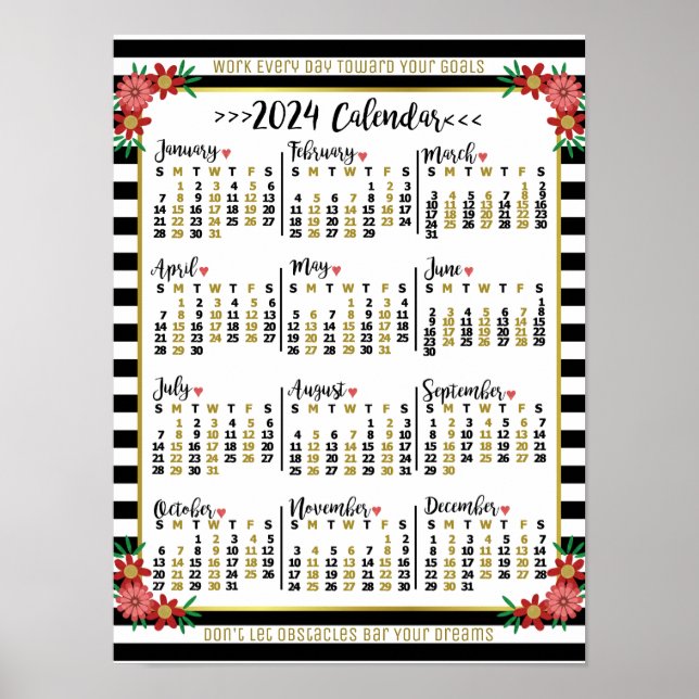 Poster Calendrier des années 2024 Grandes fleurs | Texte  (Devant)