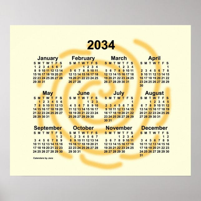 Poster Calendrier des journées ensoleillées 2034 par Post (Devant)