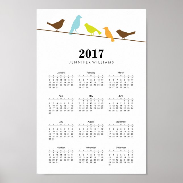 Poster Calendrier des oiseaux colorés 2017 (Devant)