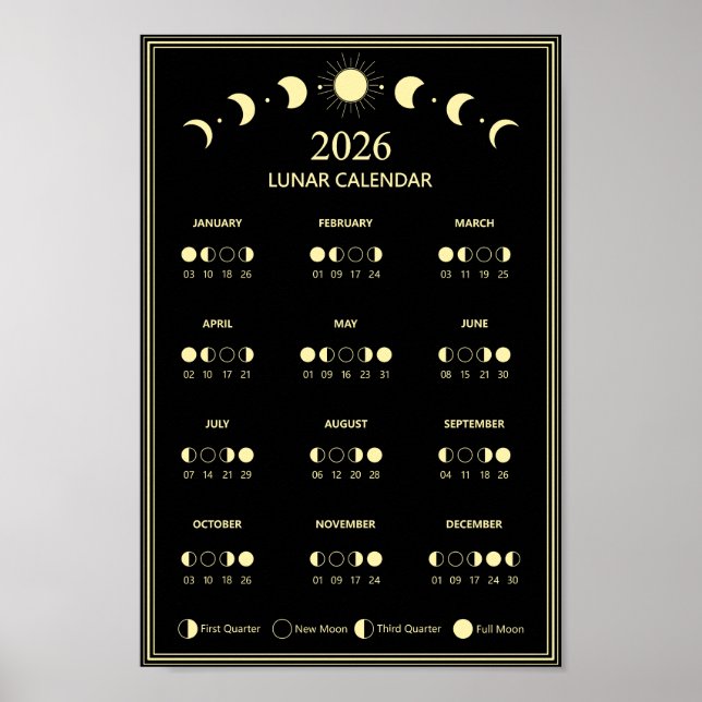 Poster Calendrier des phases lunaires 2026 Cycles lunaire (Devant)