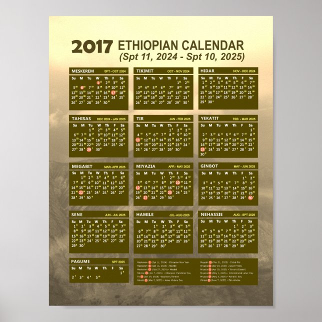 Poster Calendrier du nouvel an éthiopien 2017 2024/2025 (Devant)
