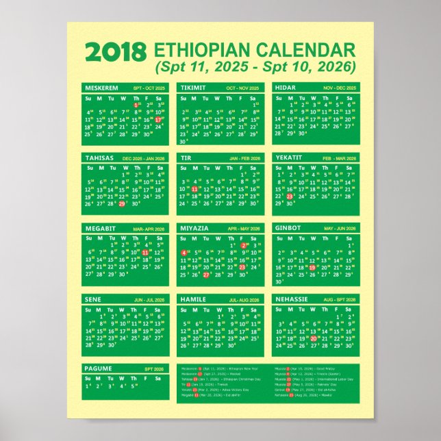 Poster Calendrier du nouvel an éthiopien 2018 2025/2026 (Devant)