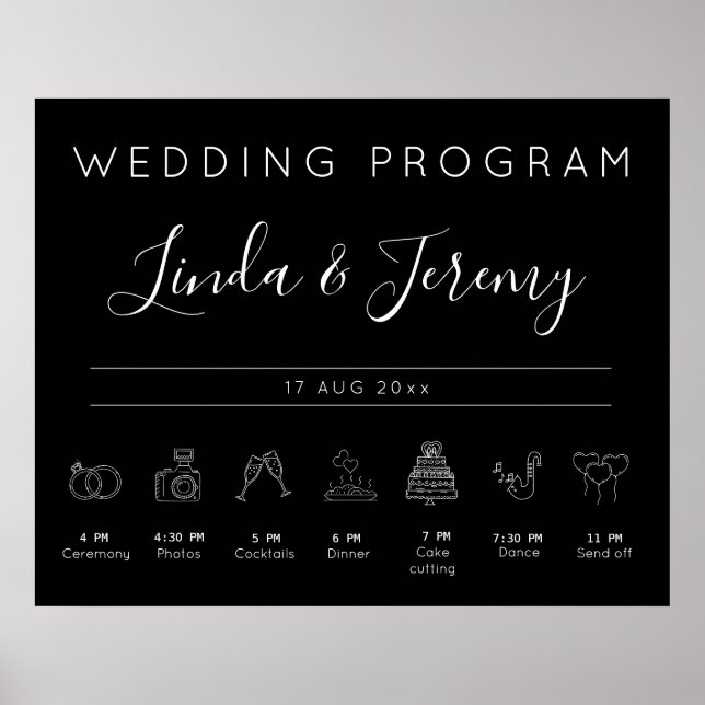 Poster Calendrier du programme de mariage noir moderne (Devant)