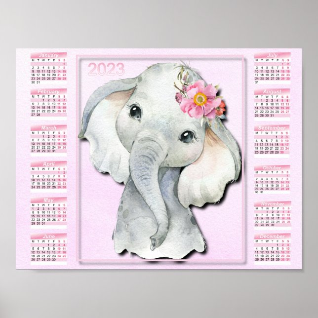 Poster Calendrier Enfants 2023, Aquarelle Eléphant, Fleur (Devant)