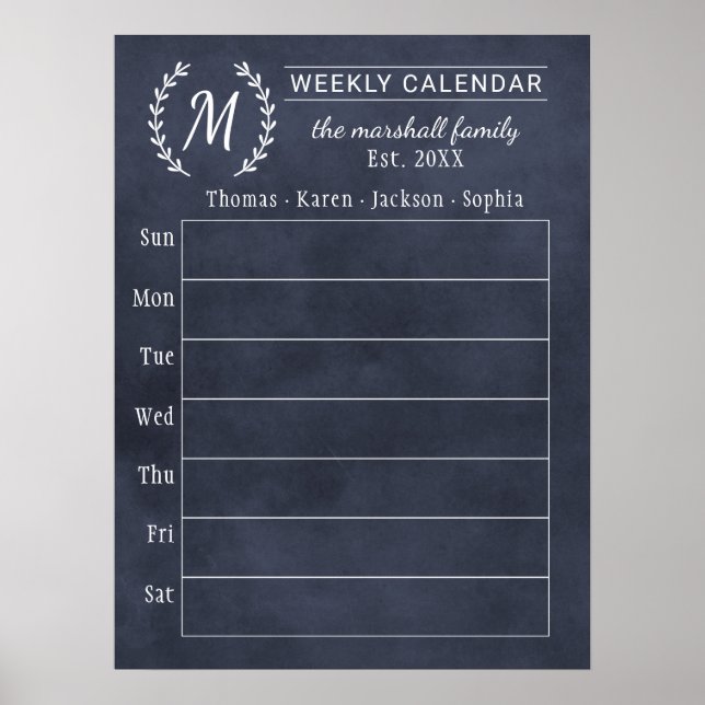 Poster Calendrier familial hebdomadaire personnalisé Navy (Devant)