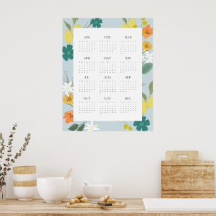 Poster Calendrier Fleurs de Printemps 2025 Bleu Pastel Te