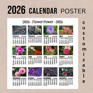 Poster Calendrier floral personnalisé 2026 Début dimanche