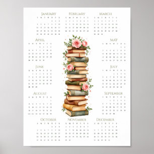 Poster Calendrier floral pour amateur de livres 2026, imp