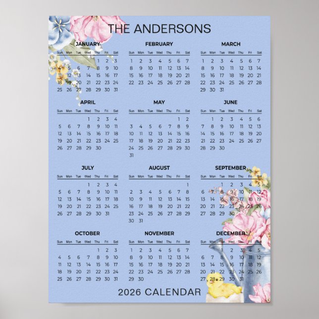 Poster Calendrier floral simple mais élégant 2026 |  (Devant)
