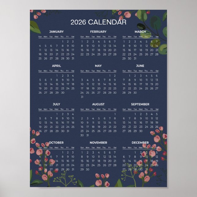 Poster Calendrier floral simple mais élégant 2026 |  (Devant)