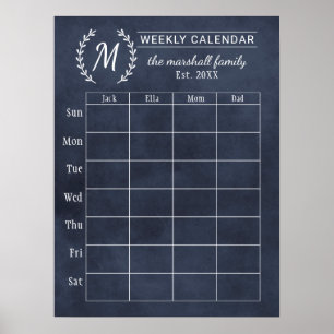 Poster Calendrier hebdomadaire personnalisé avec monogram