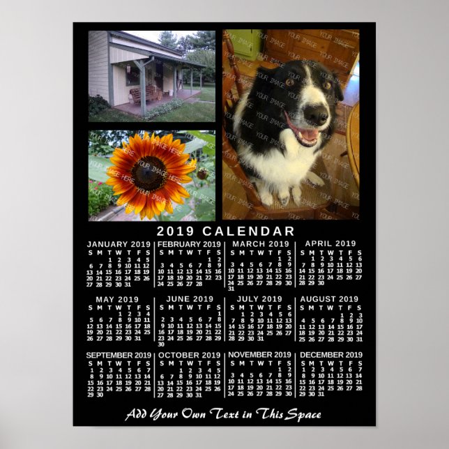 Poster Calendrier mensuel 2019 Black Custom 3 Photos (Devant)