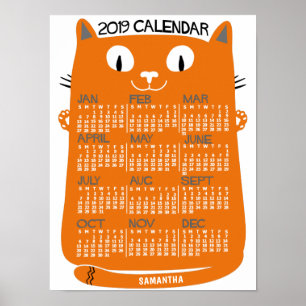 Poster Calendrier mensuel 2019, style mi-siècle, chat ora