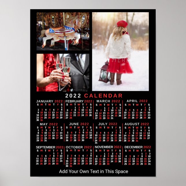 Poster Calendrier mensuel 2022 Black Custom 3 Photos (Devant)
