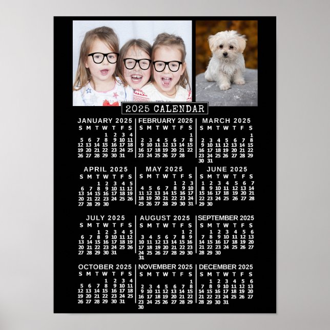 Poster Calendrier mensuel 2025 Année Noir | Photos person (Devant)
