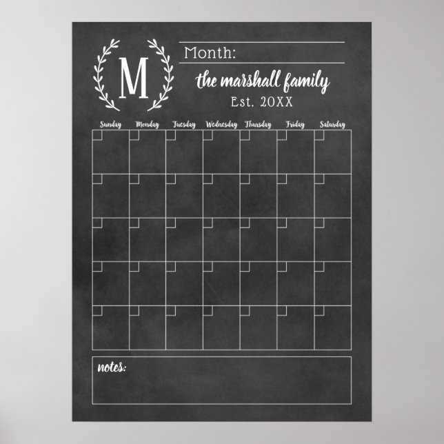 Poster Calendrier mensuel de famille avec monogramme sur  (Devant)