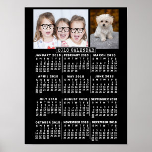 Poster Calendrier mensuel de l'année 2018 Noir   Photos p