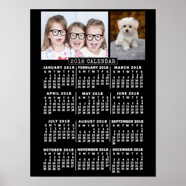 Poster Calendrier mensuel de l'année 2018 Noir | Photos p (Devant)