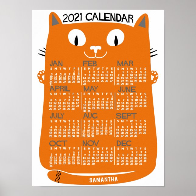 Poster Calendrier mensuel de l'année 2021 Chat orange mil (Devant)