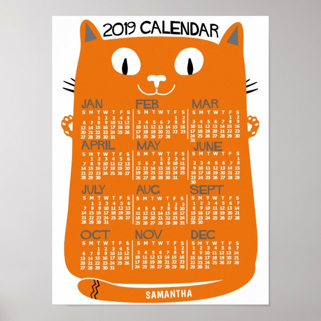 Poster Calendrier mensuel du milieu de siècle Orange Chat (Devant)