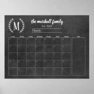 Poster Calendrier mensuel familial à monogramme sur table