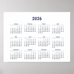 Poster Calendrier Mensuel Mural 2026 Tous les Jours 