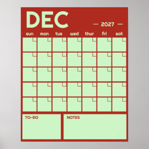 Poster Calendrier Mensuel Mural Couleurs Vives Gras Sans 