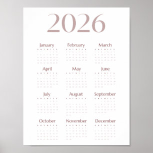 Poster Calendrier minimaliste 2026 sur une seule feuille 