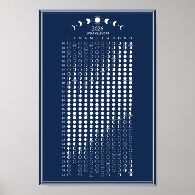 Poster Calendrier minimaliste des phases lunaires de 2026 (Devant)