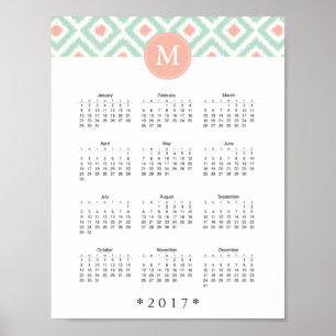 Poster Calendrier Mint et Coral Ikat Motif 2017