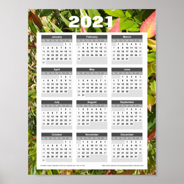 Poster Calendrier mural 2021. Feuilles verts (Devant)