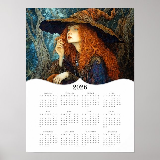 Poster Calendrier mural annuel complet de sorcière 2026 (Devant)