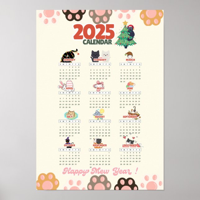 Poster Calendrier mural Bonne année du chat 2025 pour les (Devant)