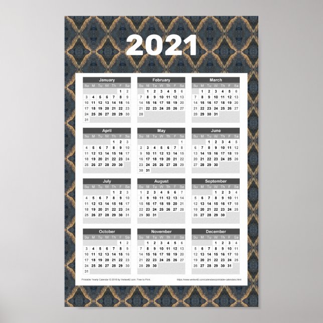 Poster Calendrier mural de l'année 2021 - Élégant foncé (Devant)