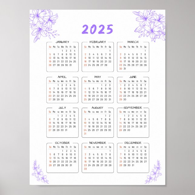 Poster Calendrier mural minimal 2025 Fleurs violettes Aff (Devant)