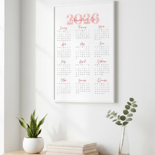 Poster Calendrier mural moderne 2026   Minimaliste rose e