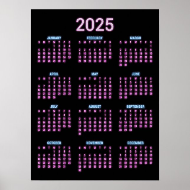 Poster Calendrier Neon 2025  (Devant)