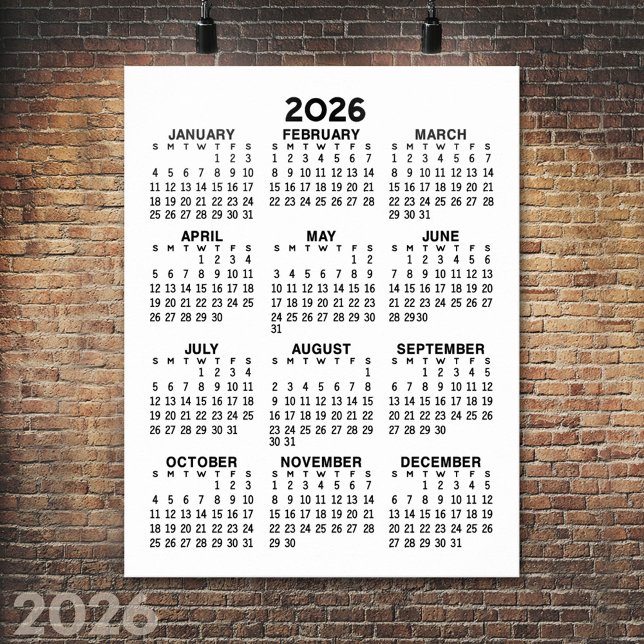 Poster Calendrier - Noir et Blanc Minimal Basique (2026 Calendar Poster)
